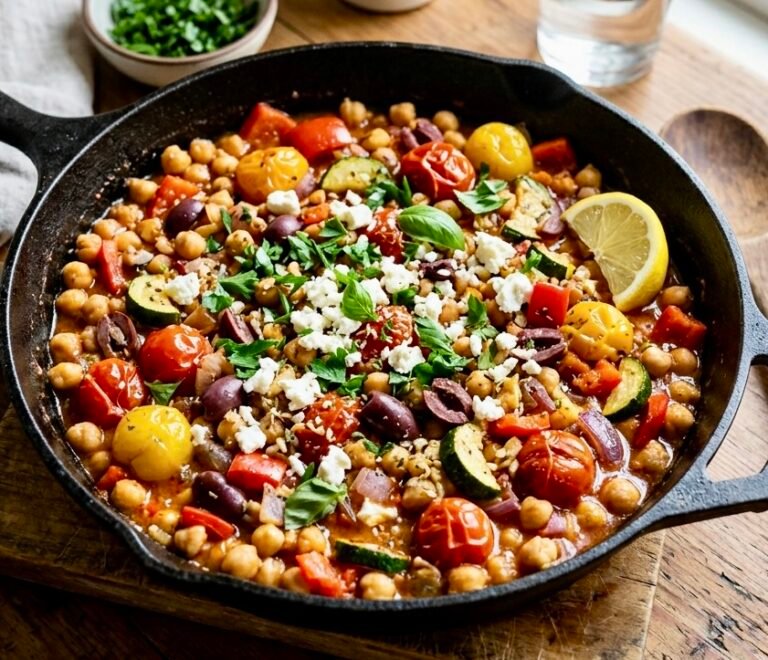 A skillet containing The Best Easy Mediterranean Chickpea Dinner | One Pan with fresh vegetables.