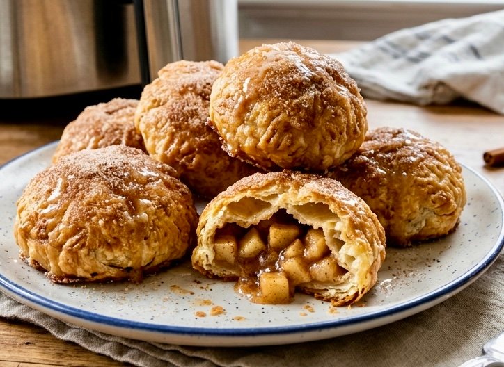 golden-brown, air-fried apple pie bombs piled naturally on a small white ceramic plate with a textured rim