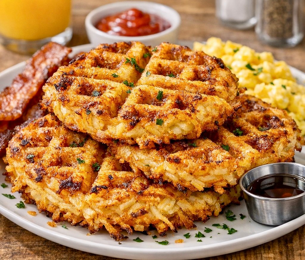 Crispy golden-brown hash brown waffles served on a plate for breakfast.