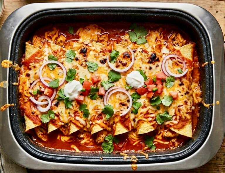 electric skillet filled with seven baked chicken enchiladas, covered in red sauce and melted cheddar and Monterey Jack cheese, sitting on a rustic wooden table.