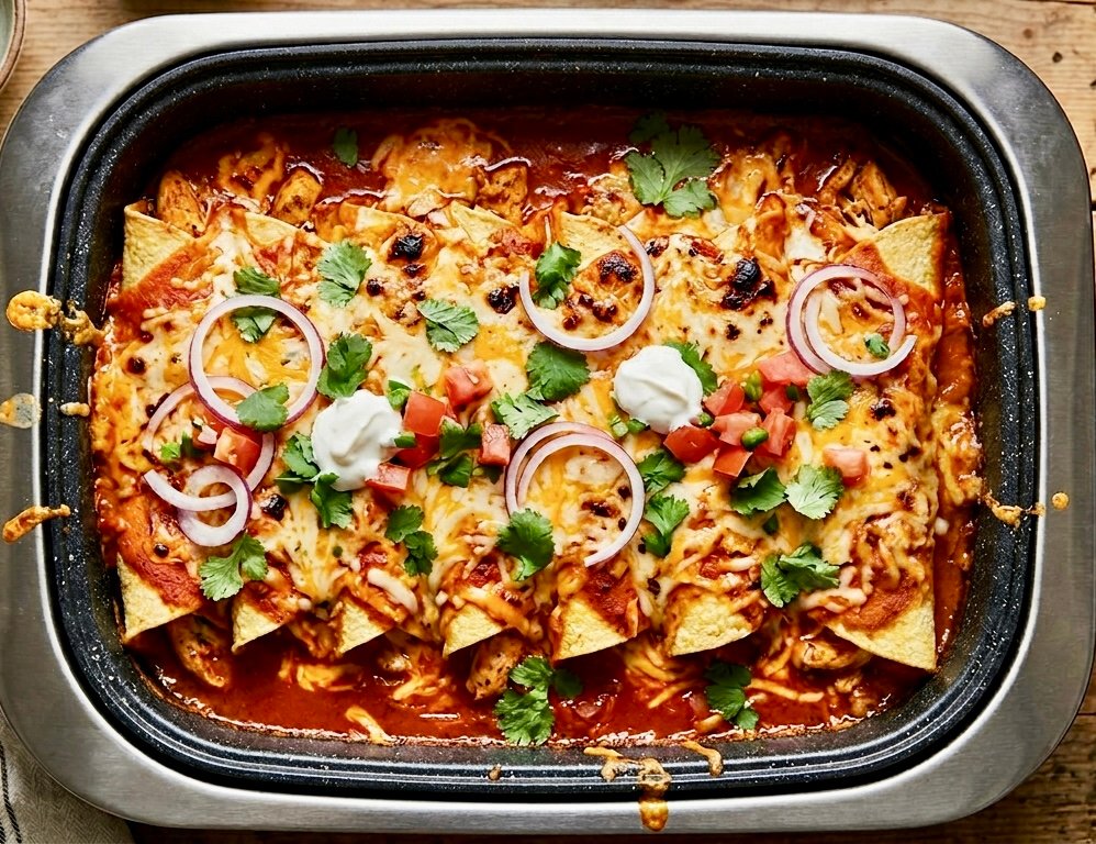 electric skillet filled with seven baked chicken enchiladas, covered in red sauce and melted cheddar and Monterey Jack cheese, sitting on a rustic wooden table.