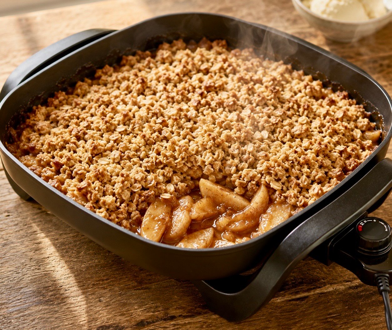 Electric skillet apple crisp with cinnamon apples and a golden buttery oat topping.