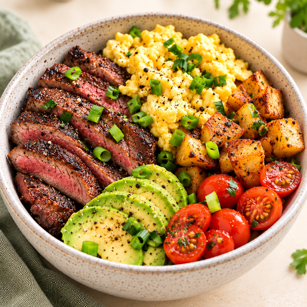 Steak and egg breakfast bowl with sliced seared steak, fluffy scrambled eggs, crispy breakfast potatoes, avocado, and cherry tomatoes.