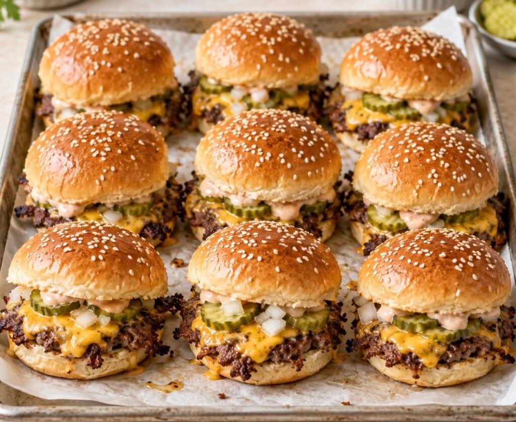 Nine smashed burger sliders with crispy beef patties, melted cheddar cheese, dill pickles, diced onion, and burger sauce arranged on a parchment-lined sheet pan.