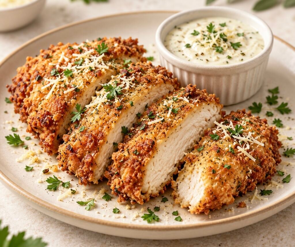 Hero image alt text: Sliced crispy Parmesan-crusted Chicken Fritta served on an ivory plate with a ramekin of creamy Parmesan-garlic sauce.