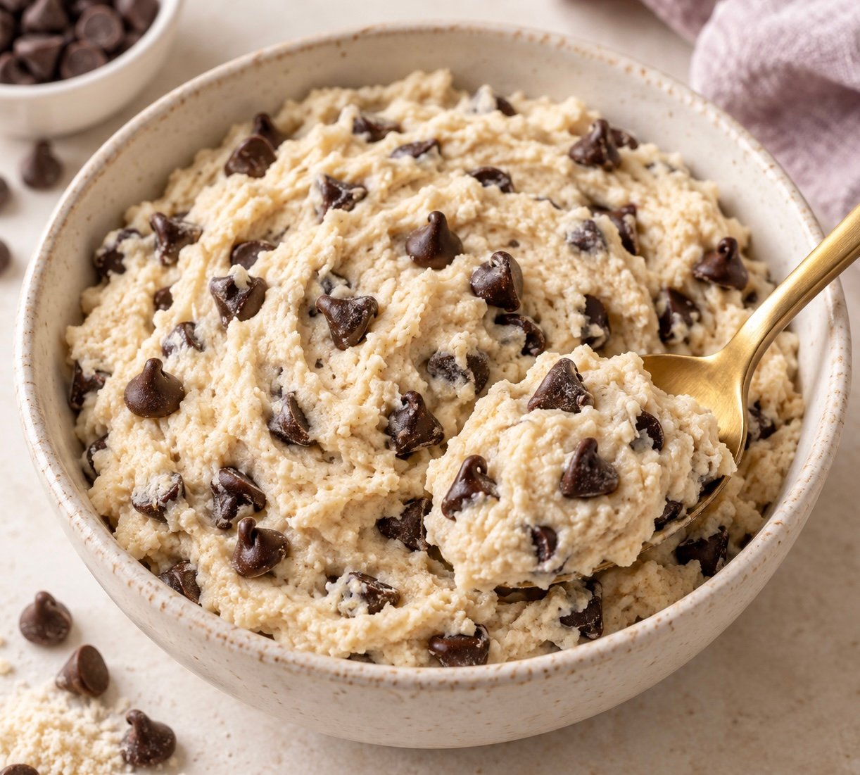 Thick cottage cheese cookie dough with semisweet chocolate chips in an off-white ceramic bowl, with an irregular spoonful lifted on a gold spoon.