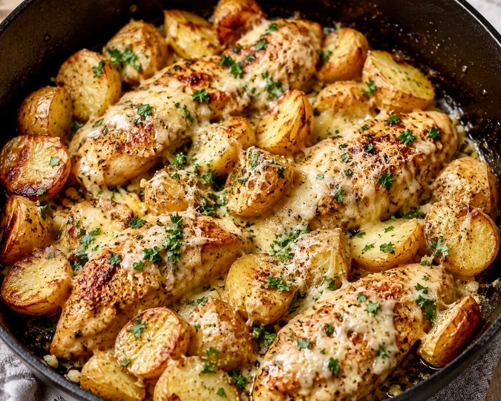One pan Garlic Parm chicken and potatoes skillet with melted parmesan and fresh parsley garnish.