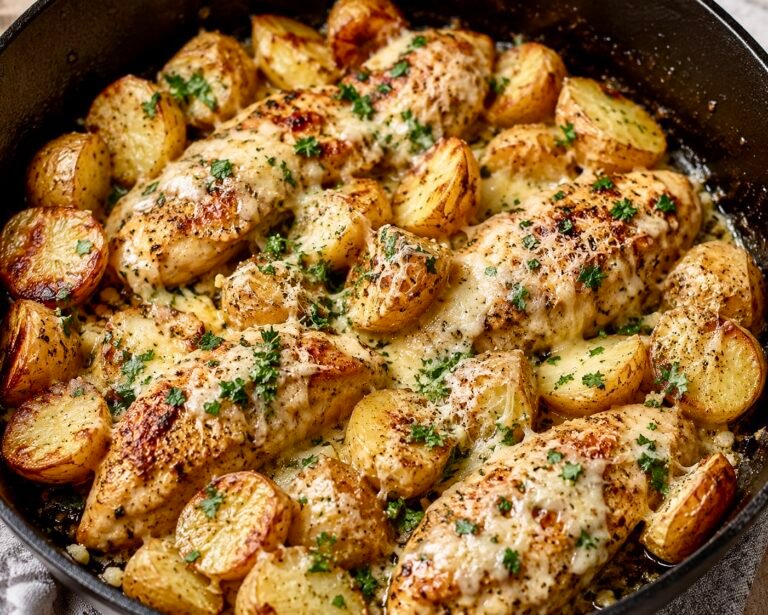 One pan Garlic Parm chicken and potatoes skillet with melted parmesan and fresh parsley garnish.