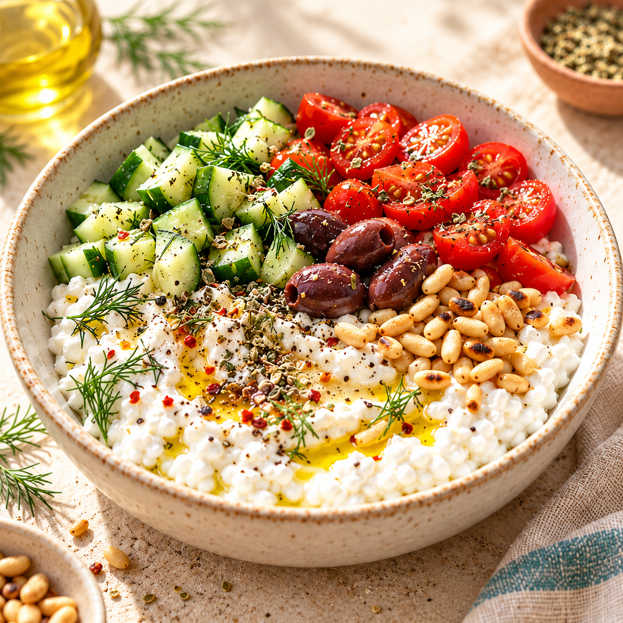 Mediterranean breakfast bowl with cottage cheese, cucumber, cherry tomatoes, Kalamata olives, toasted pine nuts, dill, herbs and olive oil.