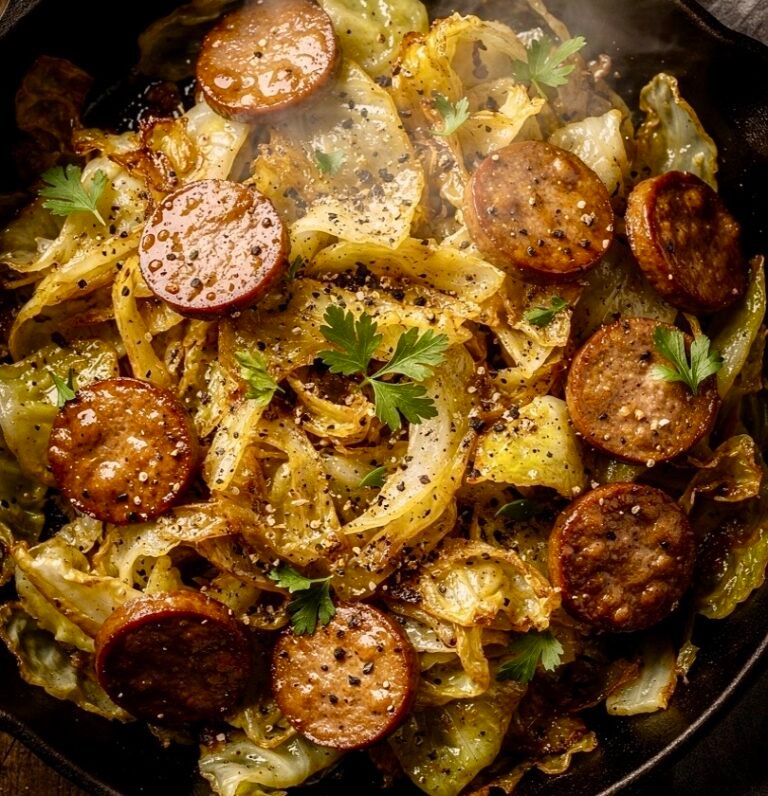 A sizzling skillet fried cabbage with browned sausage slices and tender fried cabbage.