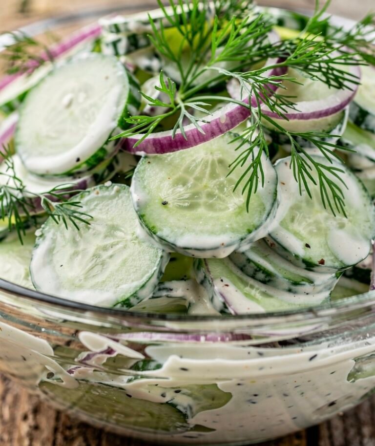 A bowl of creamy Million Dollar Cucumber Salad with fresh dill and red onions.
