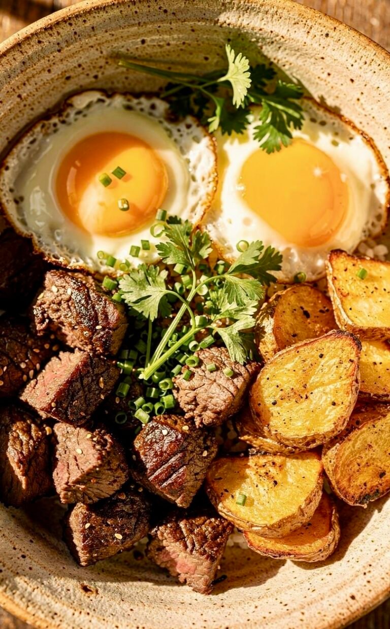 A hearty Bold Steak & Egg Breakfast Bowl with seasoned steak bites, crispy potatoes, and fried eggs.