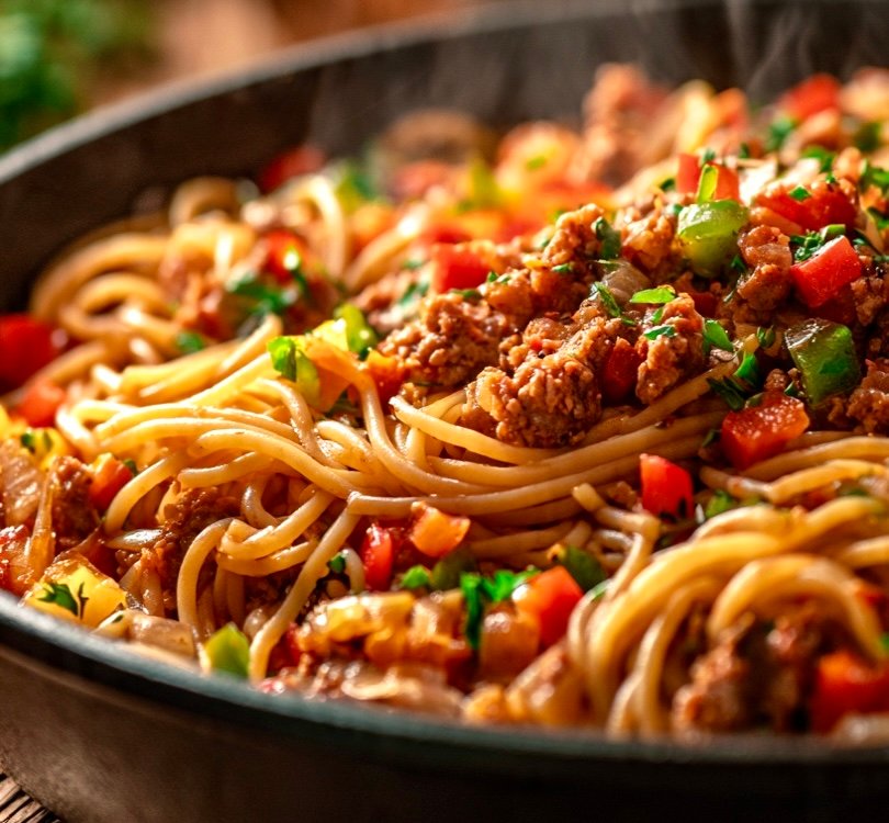 Dirty spaghetti in A large skillet containing cooked spaghetti noodles mixed with seasoned ground turkey, diced bell peppers, and onions in a savory Cajun sauce.