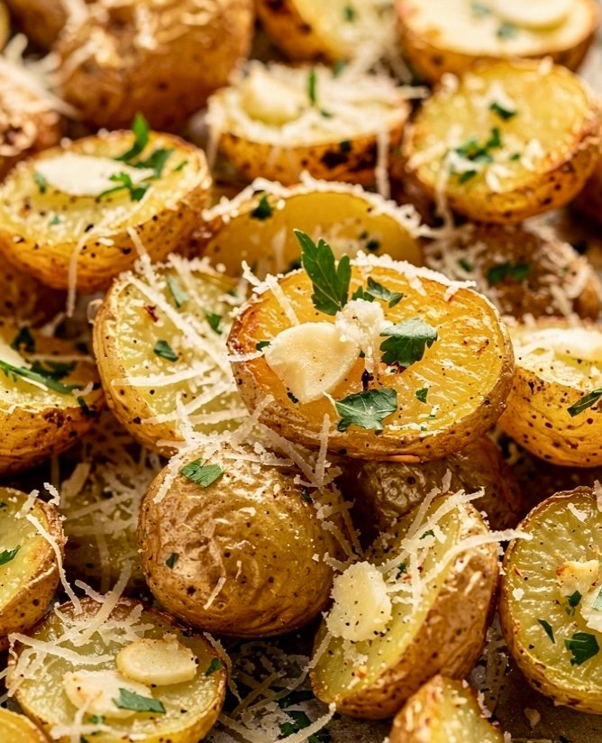 Crispy golden brown garlic parmesan roasted potatoes on a baking sheet.