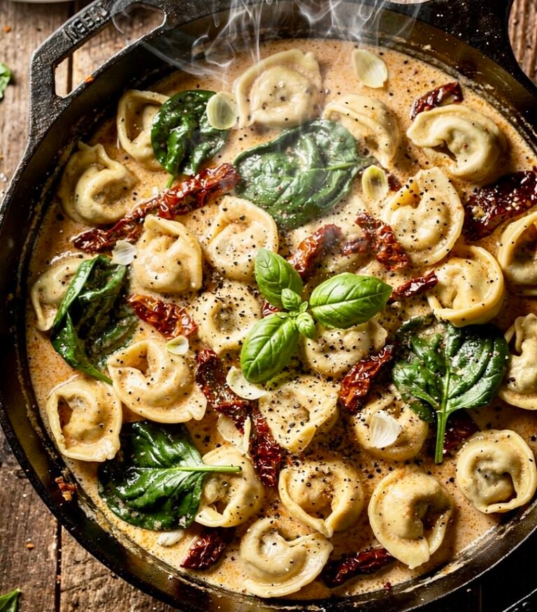 A skillet of creamy Marry Me Tortellini with sun-dried tomatoes.