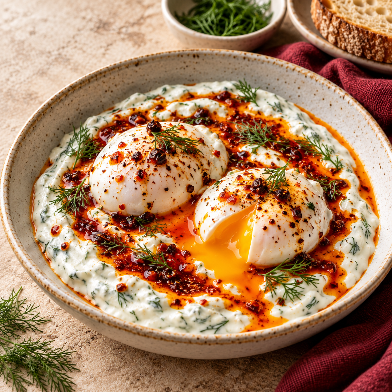 Turkish Eggs (Çılbır) Turkish eggs with poached eggs over creamy garlic yogurt, topped with spiced butter, fresh dill and red pepper flakes.