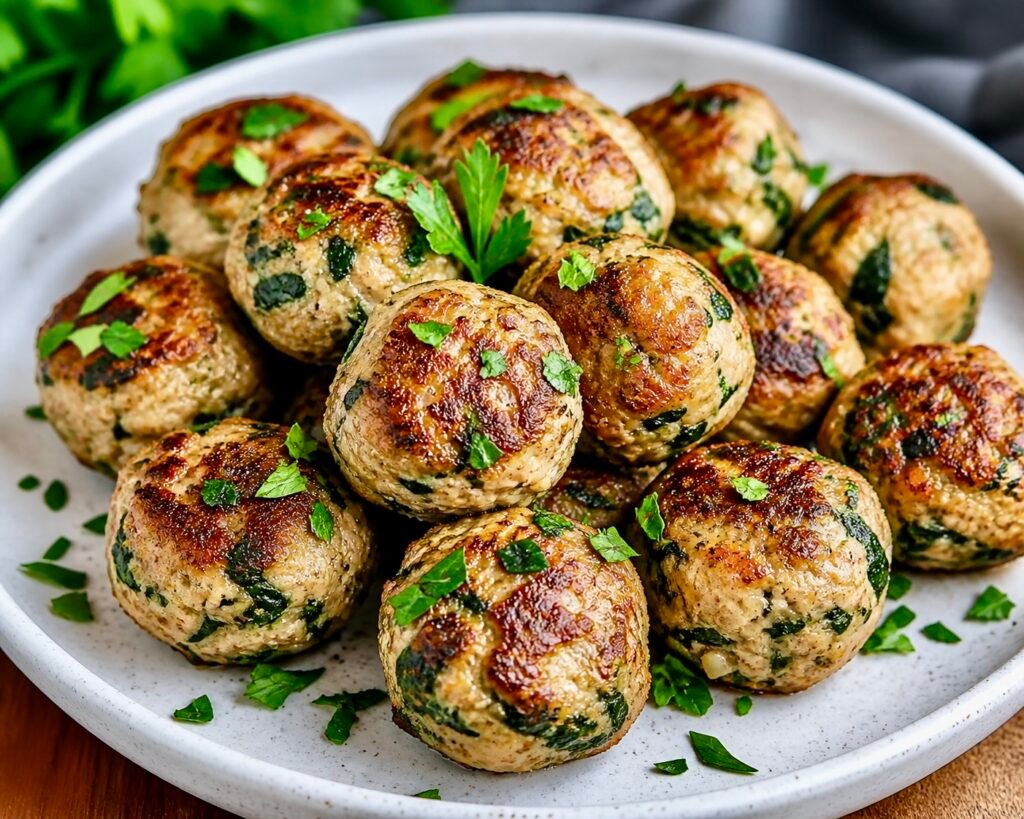 A plate of perfectly browned spinach garlic turkey meatballs garnished with fresh parsley.