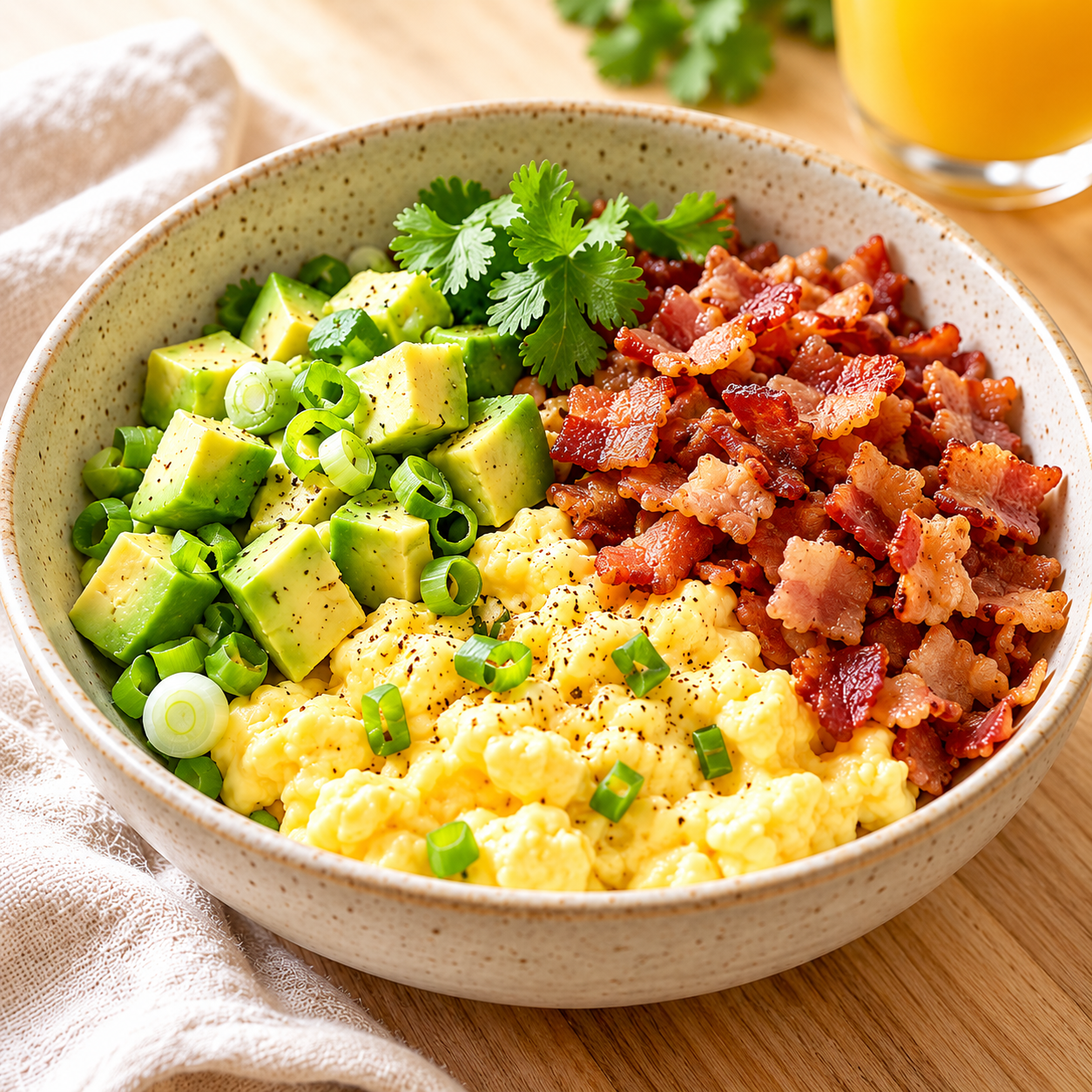 Bacon and Egg Breakfast Bowl Bacon and egg breakfast bowl with fluffy scrambled eggs, crispy bacon, diced avocado, green onions and fresh cilantro.