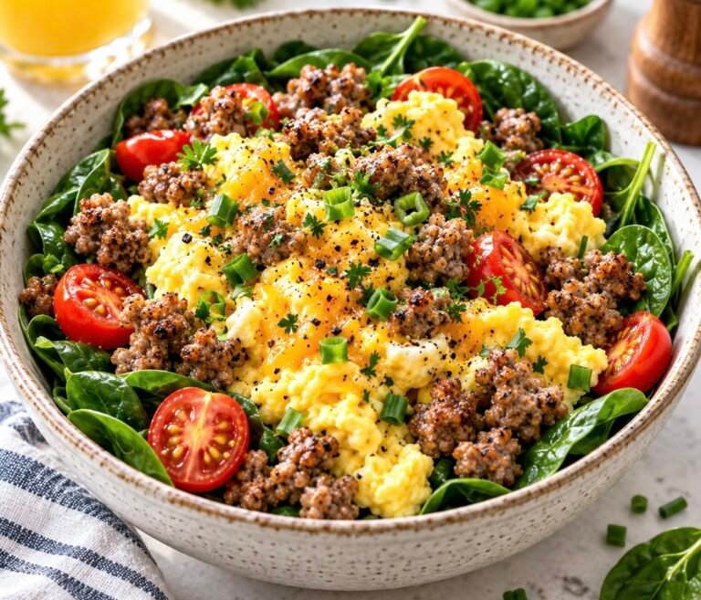Scrambled egg breakfast bowl with fluffy eggs, sausage, spinach, cherry tomatoes, green onions, herbs, and black pepper in a ceramic bowl.