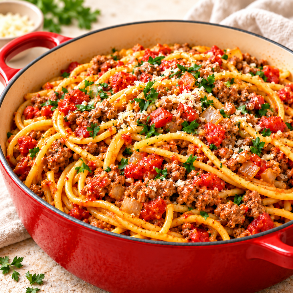 One Pot Dirty Spaghetti cooked in a red Dutch oven with ground turkey, spaghetti, tomatoes, Parmesan cheese, and fresh parsley. Easy 30-minute one pot pasta recipe for a quick family dinner.
