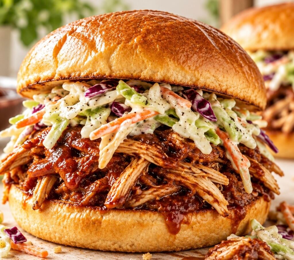 Hero image alt text: BBQ shredded chicken sandwich topped with creamy green and purple cabbage coleslaw on a toasted brioche bun, with another sandwich softly blurred in the background.