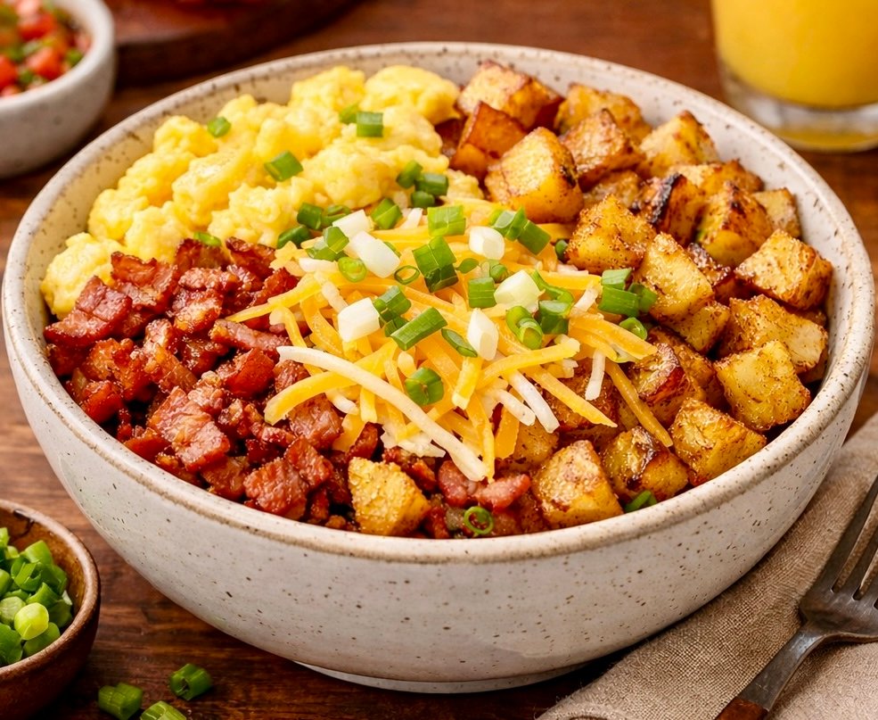 A vibrant and healthy Best Easy Loaded Sunrise Breakfast Bowl with eggs, crisp bacon, potatoes, cheese, and fresh greens.