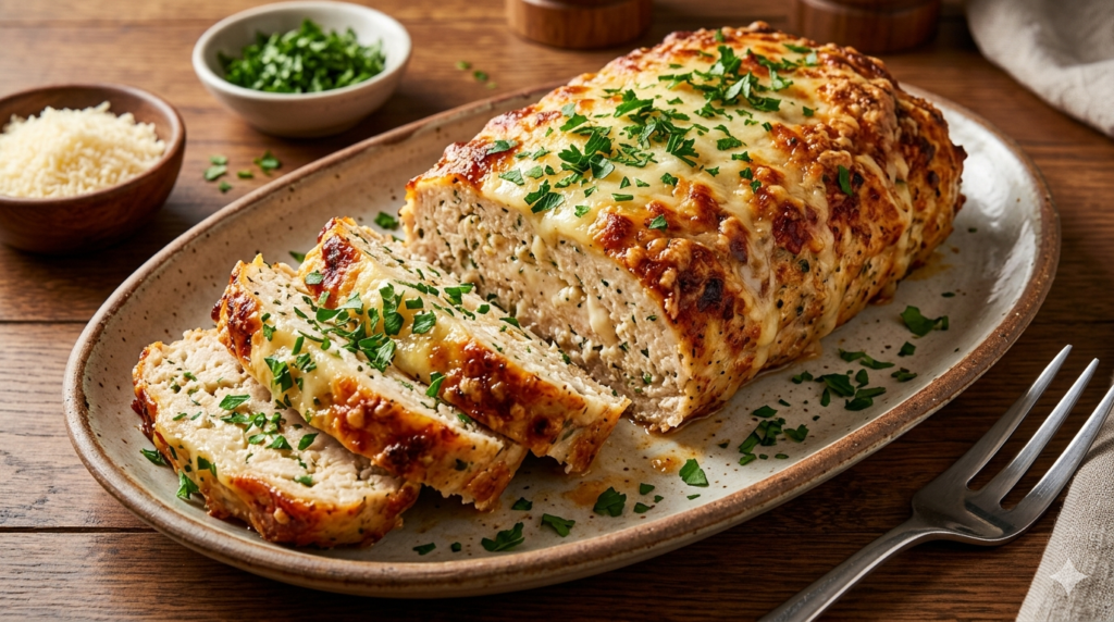 A juicy garlic parmesan chicken loaf sliced on a serving platter, garnished with fresh parsley.
