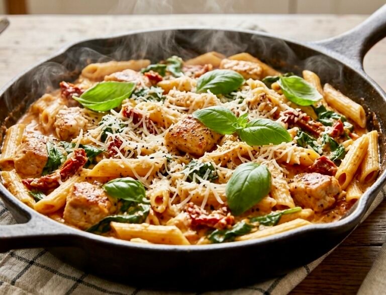 A steaming skillet of The Best Easy Marry Me Chicken Pasta (One-Pan) garnished with fresh basil and parmesan cheese.
