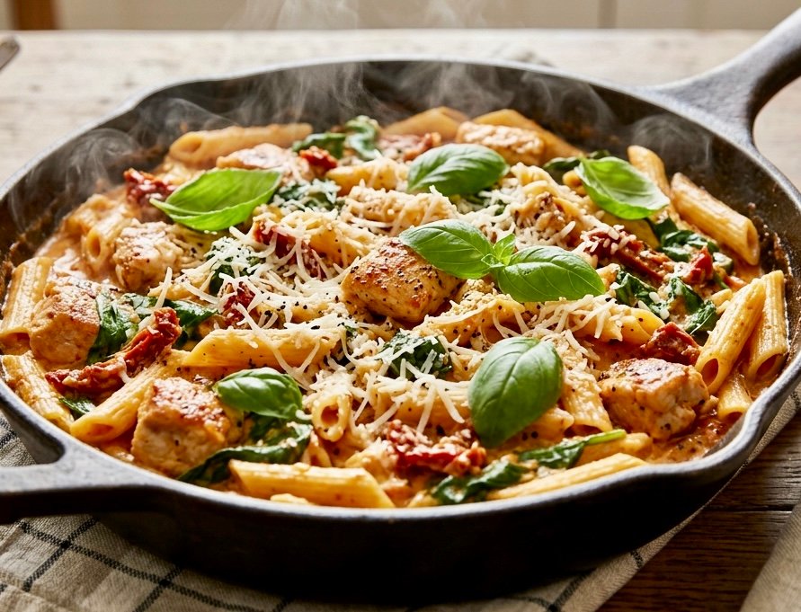 A steaming skillet of The Best Easy Marry Me Chicken Pasta (One-Pan) garnished with fresh basil and parmesan cheese.
