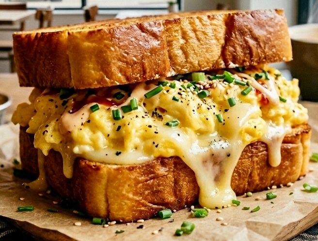 Texas toast Korean Egg Drop Sandwich filled with fluffy scrambled eggs and melted cheese.