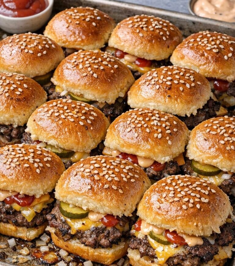 A tray of golden brown sheet pan “smashed” burger sliders.