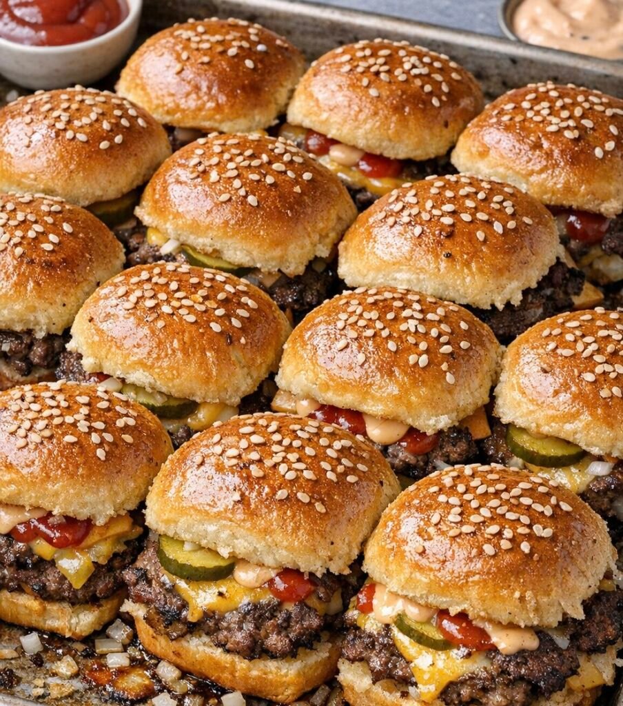 A tray of golden brown sheet pan “smashed” burger sliders.