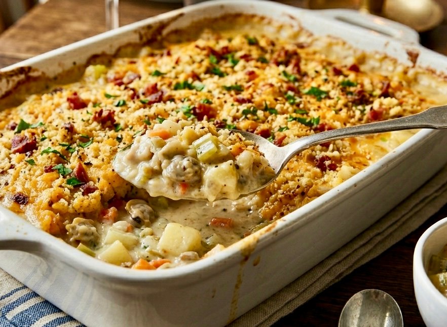 IMG_4267 A golden-brown Clam Chowder Casserole Bake served in a ceramic dish, featuring creamy potatoes
