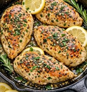 One-pan lemon herb chicken with potatoes and fresh herbs in a skillet