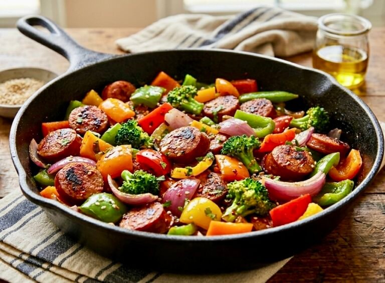 A colorful Sausage & Veggie Skillet Stir-Fry with peppers, broccoli, and smoked sausage rounds.