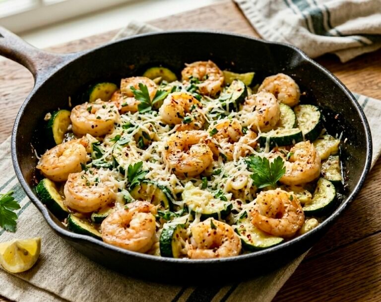 skillet of Garlic Shrimp & Zucchini with Parmesan cheese and fresh parsley.