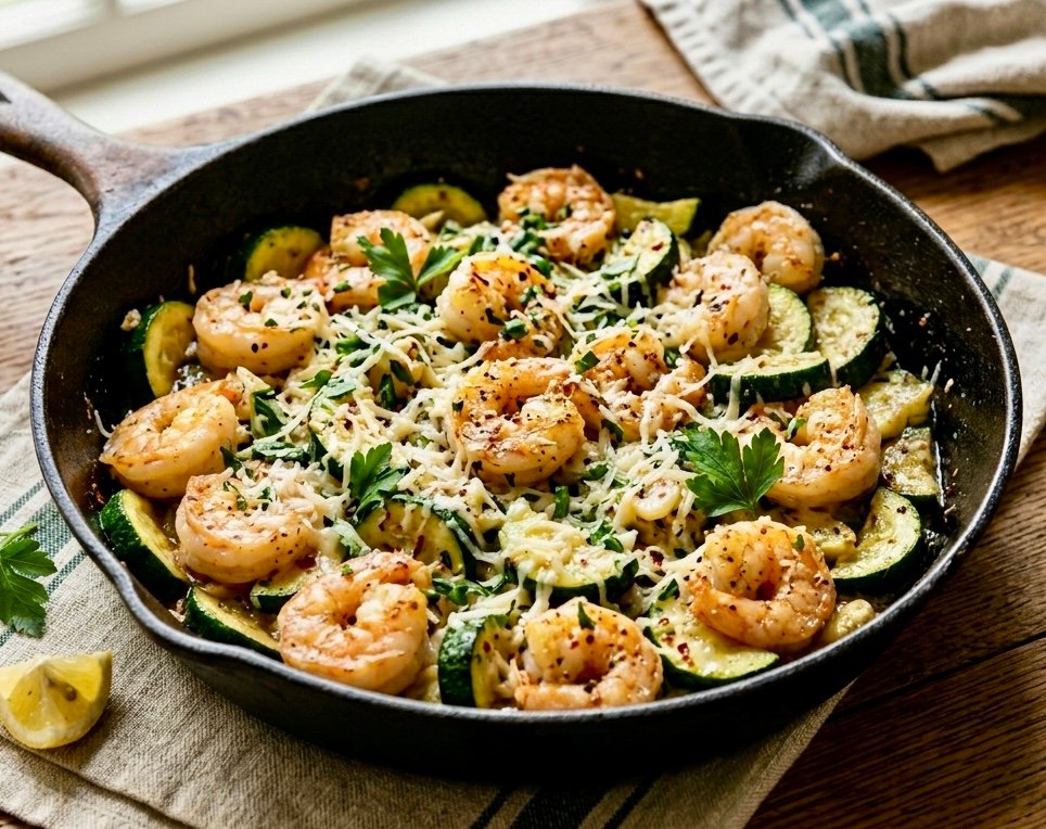 skillet of Garlic Shrimp & Zucchini with Parmesan cheese and fresh parsley.