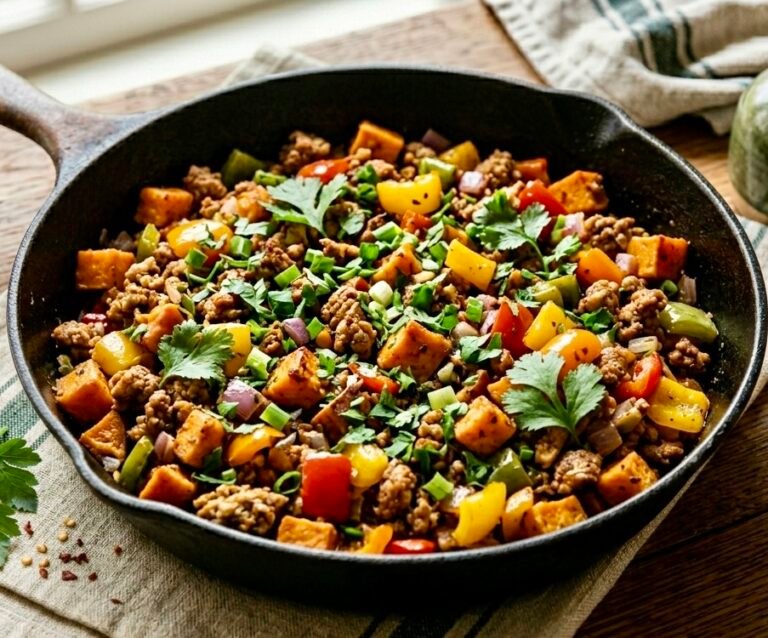 * Image Alt Text: A savory Ground Turkey & Sweet Potato Skillet with bell peppers and fresh herbs.