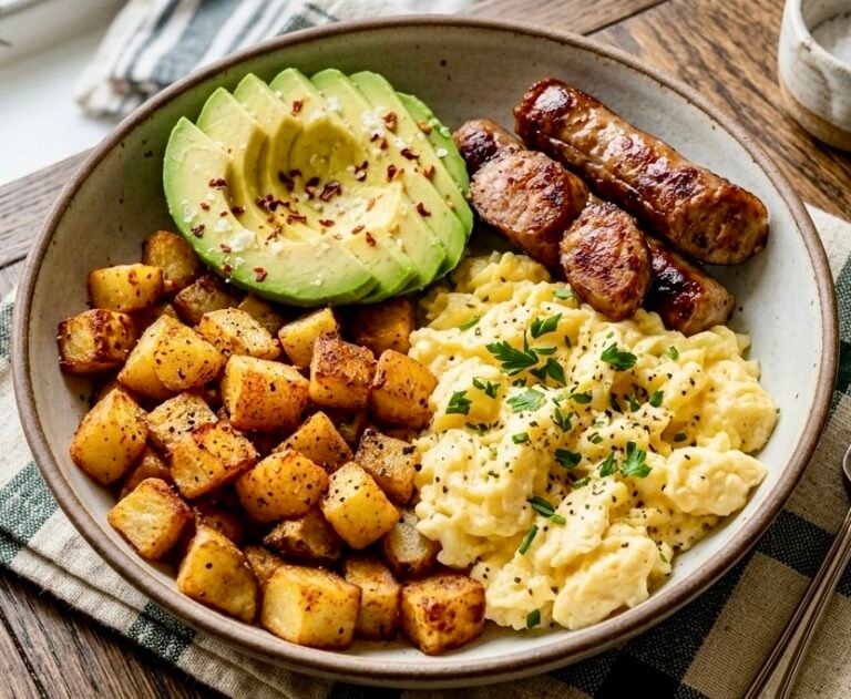 A hearty Sausage & Egg Breakfast Bowl with crispy potatoes, scrambled eggs, and fresh avocado.