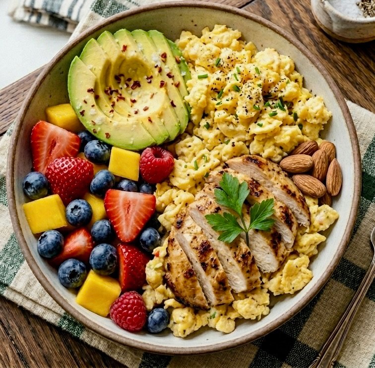 A vibrant Chicken & Avocado Power Breakfast Bowl with sliced chicken, creamy avocado, and poached eggs.