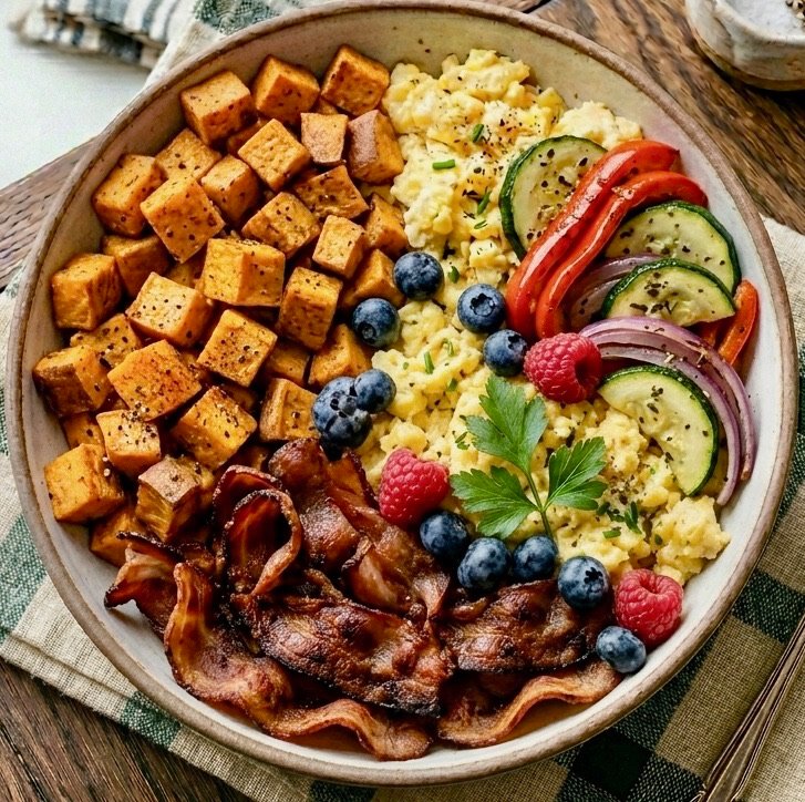 A healthy Sweet Potato & Turkey Bacon Breakfast Bowl with sautéed sweet potatoes and crispy turkey bacon.