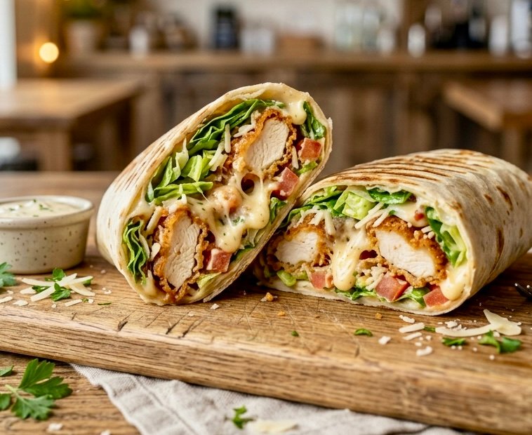 A delicious Garlic Parmesan Chicken Wrap sliced in half showing crispy chicken and fresh lettuce.