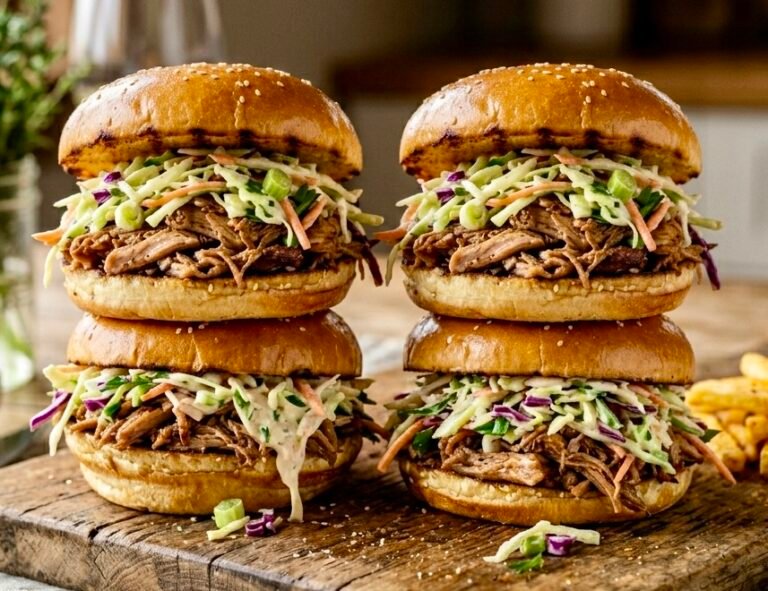 A stack of The Best Easy Shredded Chicken Sandwiches topped with fresh coleslaw on a wooden board.