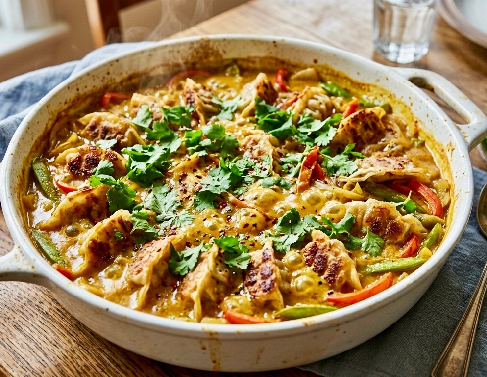 A golden One-Pan Dumpling Curry Bake bubbling in a white ceramic dish with fresh cilantro