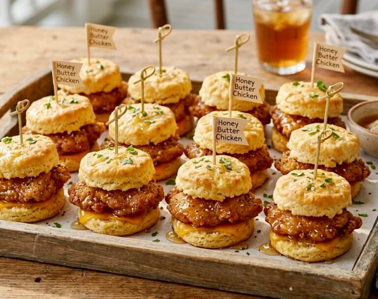 A tray of golden honey-butter chicken biscuit sliders.