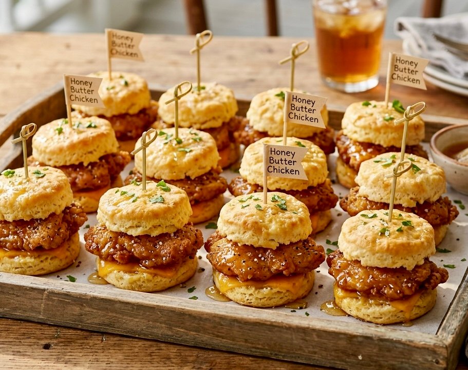 A tray of golden honey-butter chicken biscuit sliders.
