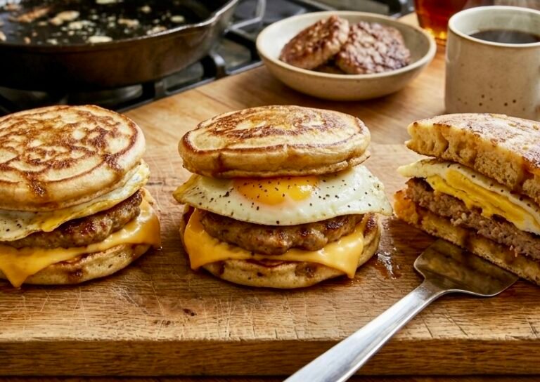 Homemade copycat McGriddles breakfast sandwiches with sausage, egg, and cheese on maple pancake buns.