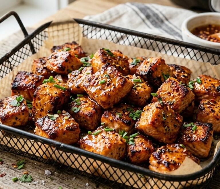 Crispy air fryer salmon bites glazed with hot honey in a basket