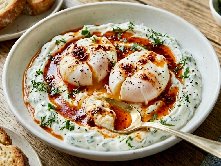 Perfectly poached Viral Turkish Eggs (Cilbir) served over creamy garlic yogurt and drizzled with warm red chili butter sauce.