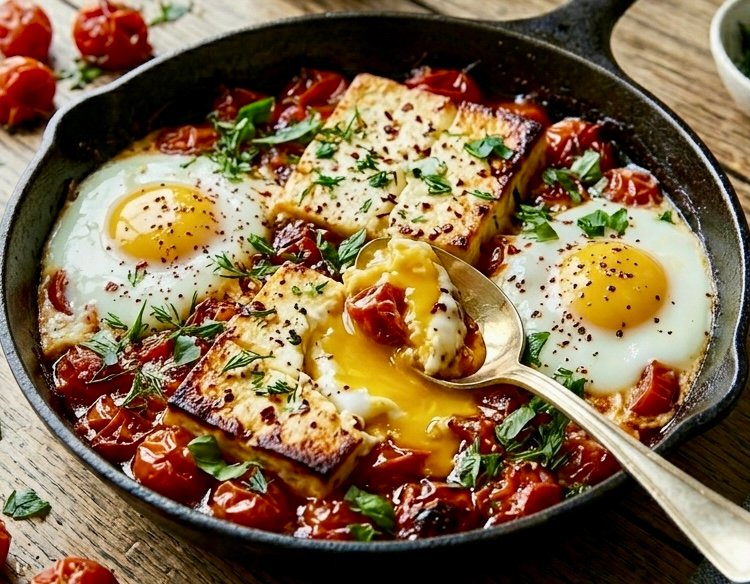 Baked feta eggs recipe. A skillet with baked feta, burst tomatoes, and sunny-side eggs